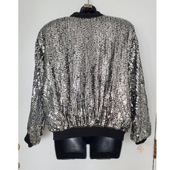 NWT Nordstrom Sequin Bomber Jacket Womens Silver Sparkle Jacket Y2K Swiftie Sz M - Picture 2 of 9